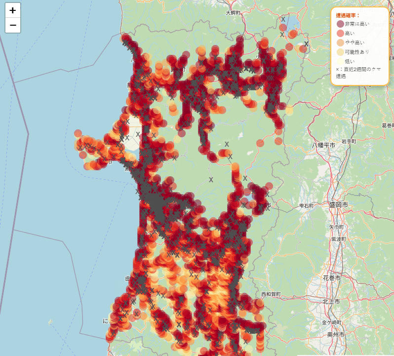 日本大学团队制作AI熊出没地图,图为秋田县预测画面。遭遇熊AI预测地图网站 日本大学团队制作AI熊出没地图,图为秋田县预测画面。遭遇熊AI预测地图网站