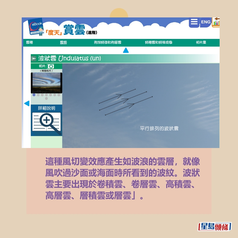 這種風切變效應產生如波浪的雲層,就像 風吹過沙面或海面時所看到的波紋。波狀 雲主要出現於卷積雲、卷層雲、高積雲、 高層雲、層積雲或層雲」。天文台網頁截圖 這種風切變效應產生如波浪的雲層,就像 風吹過沙面或海面時所看到的波紋。波狀 雲主要出現於卷積雲、卷層雲、高積雲、 高層雲、層積雲或層雲」。天文台網頁截圖