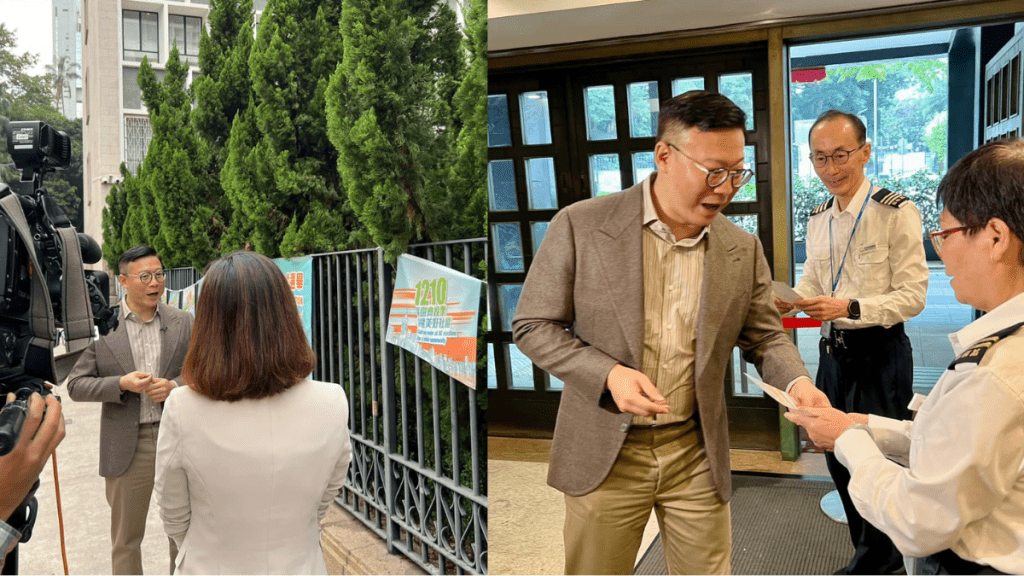 律政司副司長張國鈞把握最後機會，透過媒體採訪（左圖），以及在律政中心「洗樓」，宣傳區議會選舉投票。張國鈞fb