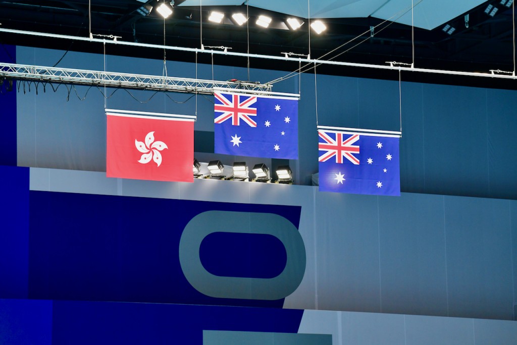 香港特區區旗在東京奧運舞台升起。記者梁柏琛東京直擊
