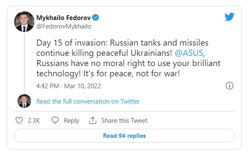 費多羅夫在Twitter向華碩喊話「科技是為了和平，不是為了戰爭！ 」。互聯網圖片