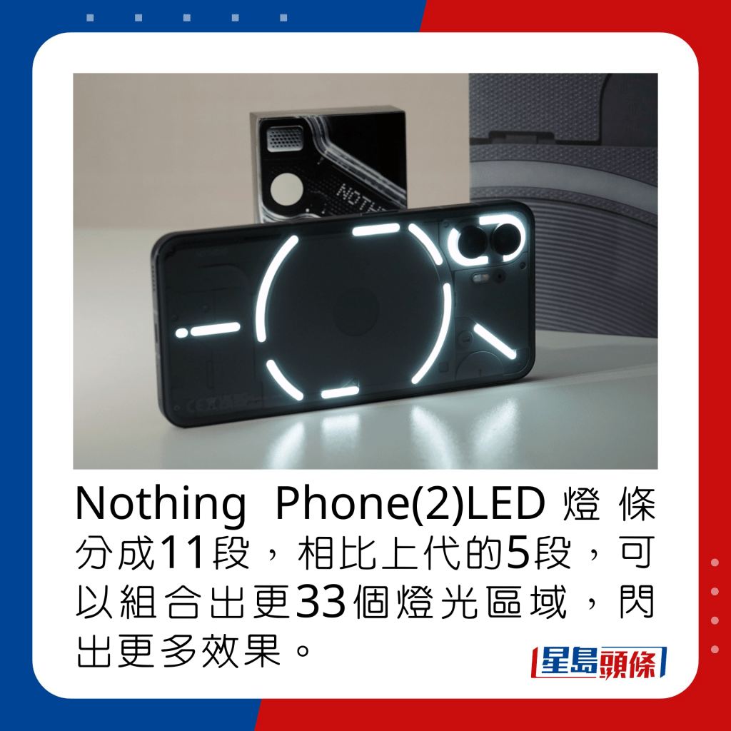 Nothing Phone(2)LED灯条分成11段，相比上代的5段，可以组合出更33个灯光区域，闪出更多效果。