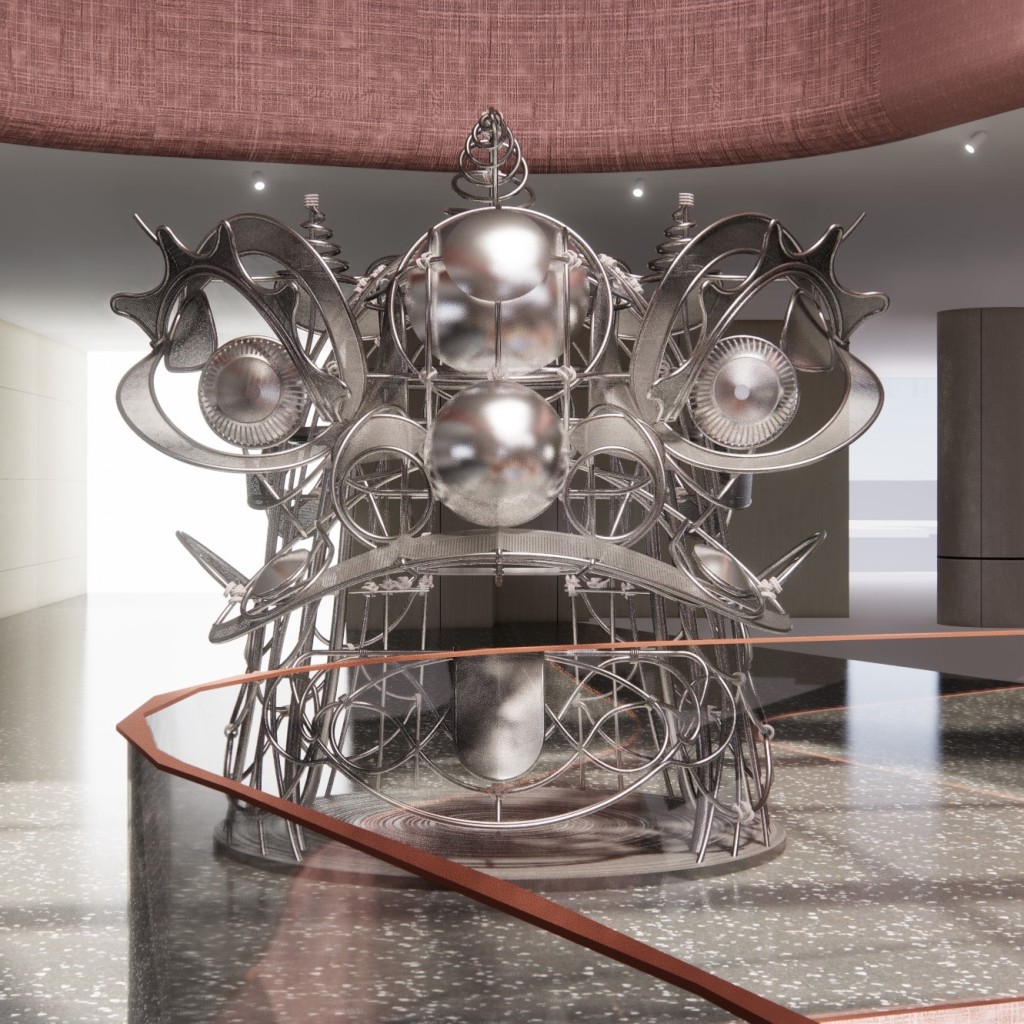 《启狮》，杜焕以传统工艺狮头形象为结构的当代艺术互动装置，邀请大众思考⼯艺制作的可持续性及如何与现代⽣活结合（4楼）
