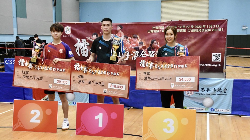 (左起)鮑奕文、林兆恆與吳詠琳在男女混合單打賽分奪三甲。邱嘉敏攝