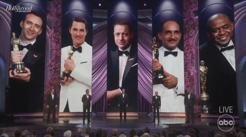 （左起）尼古拉斯、马修、班顿、宾、科华士5位昔日影帝颁发最佳男主角