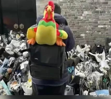 去年江泽民逝世，有男子背著公鸡到扬州故居前献花。网上图片