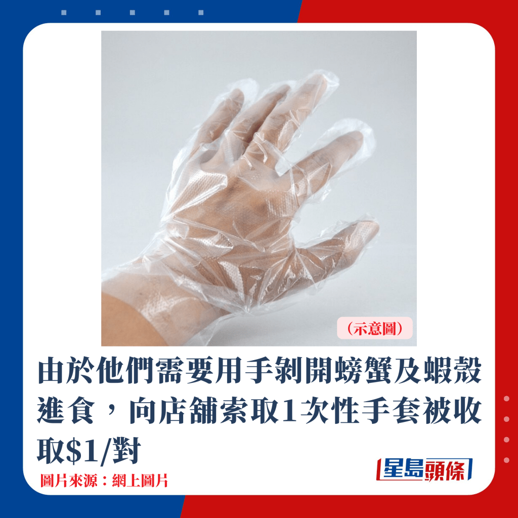 由于他们需要用手剥开螃蟹及虾壳进食，向店铺索取1次性手套被收取$1/对