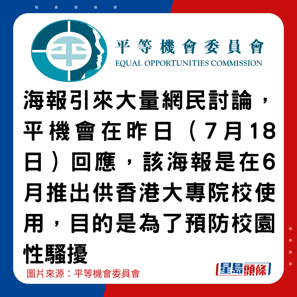 海報引來大量網民討論，平機會在昨日（7月18日）回應，該海報是在6月推出供香港大專院校使用，目的是為了預防校園性騷擾