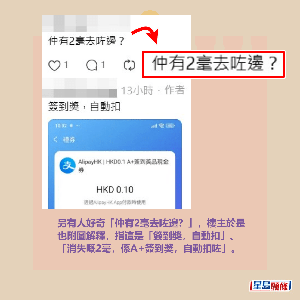另有人好奇「仲有2毫去咗邊?」,樓主於是 也附圖解釋,指這是「簽到奬,自動扣」、 「消失嘅2毫,係A+簽到奬,自動扣咗」。Threads截圖 另有人好奇「仲有2毫去咗邊?」,樓主於是 也附圖解釋,指這是「簽到奬,自動扣」、 「消失嘅2毫,係A+簽到奬,自動扣咗」。Threads截圖