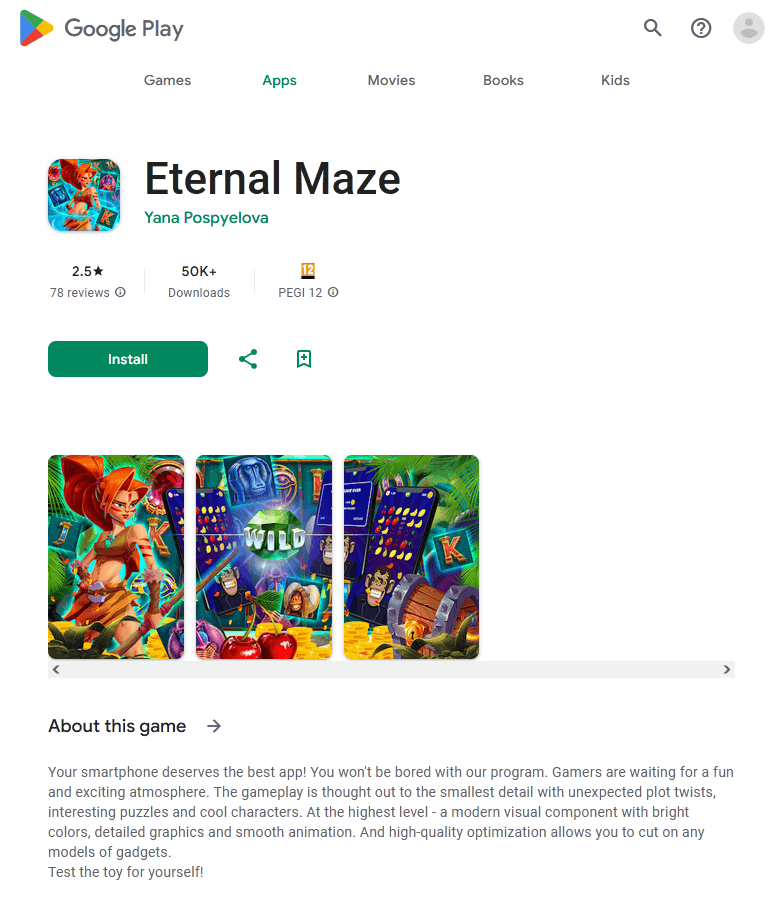 Eternal Maze 则会自动载入网上赌场，有机会骗取用户金钱！