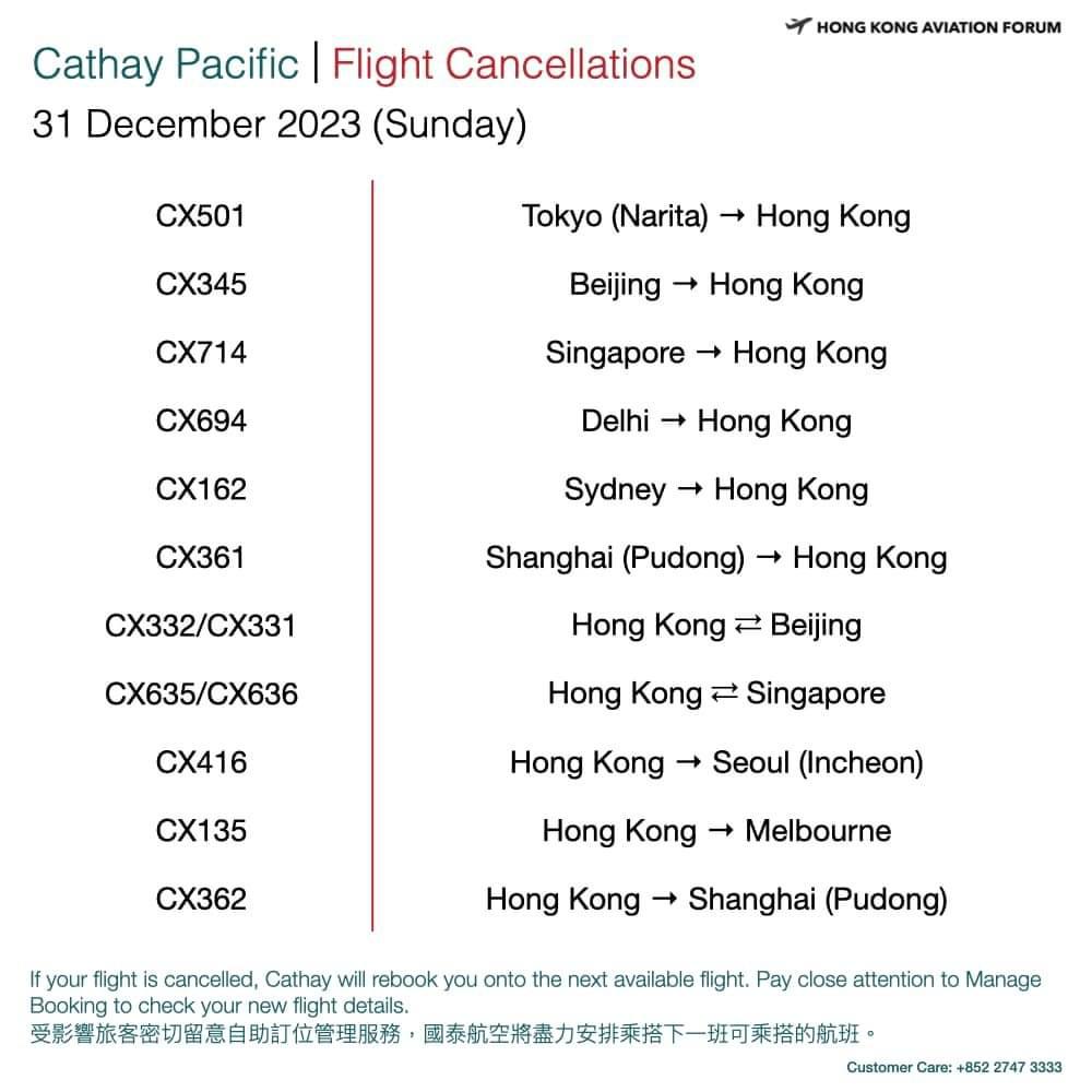 取消的国泰航班涉及不少港人热门旅游地点，包括曼谷、台北、首尔、东京、北京等。在除夕及明年1月1日亦已有多班航班宣布取消。（相片来源：Hong Kong Aviation Forum社交平台专页）