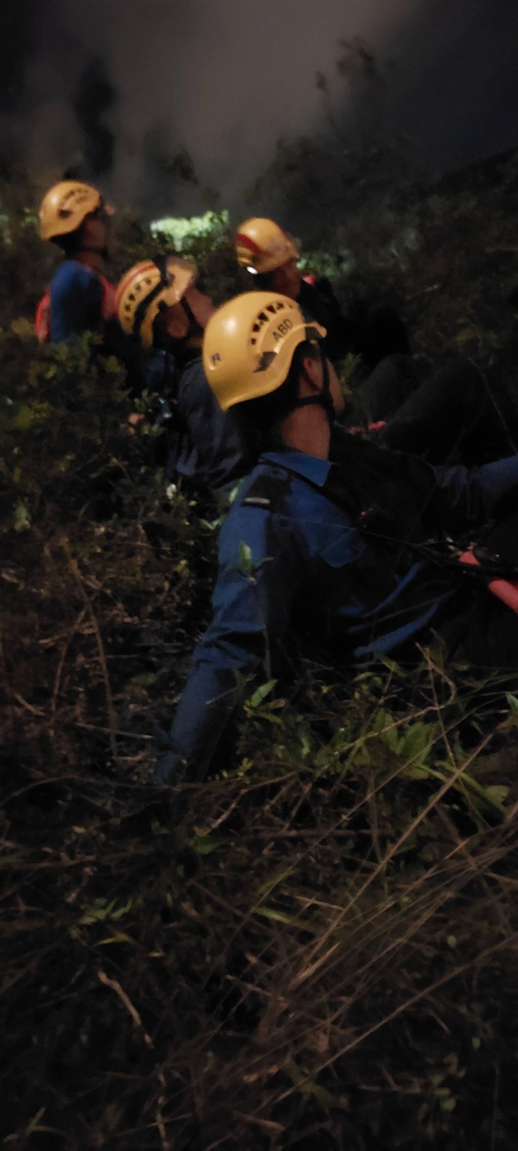 消防員需摸黑「爆林」上山進行搜救。消防處fb圖片