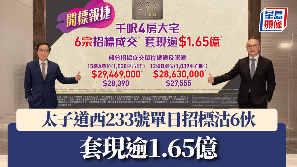 太子道西233號單日招標沽6伙,套現逾1.65億。
