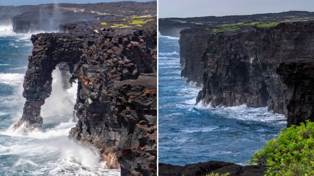 夏威夷地標霍雷海蝕拱門倒塌。facebook@Hawai'i Volcanoes National Park  