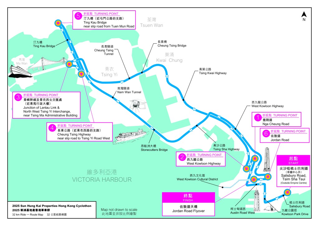 「32公里組」路線涵蓋「二隧二橋」，包括長青隧道、南灣隧道、昂船洲大橋及汀九橋。旅發局圖片