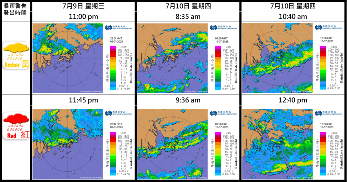 雷達圖像顯示星期三至星期四有多道強雨帶橫過本港,天文台需要三度發出紅色暴雨警告信號。天文台圖片 雷達圖像顯示星期三至星期四有多道強雨帶橫過本港,天文台需要三度發出紅色暴雨警告信號。天文台圖片