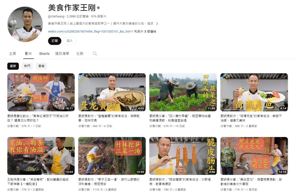 王剛Youtube頻道有逾200萬粉絲。