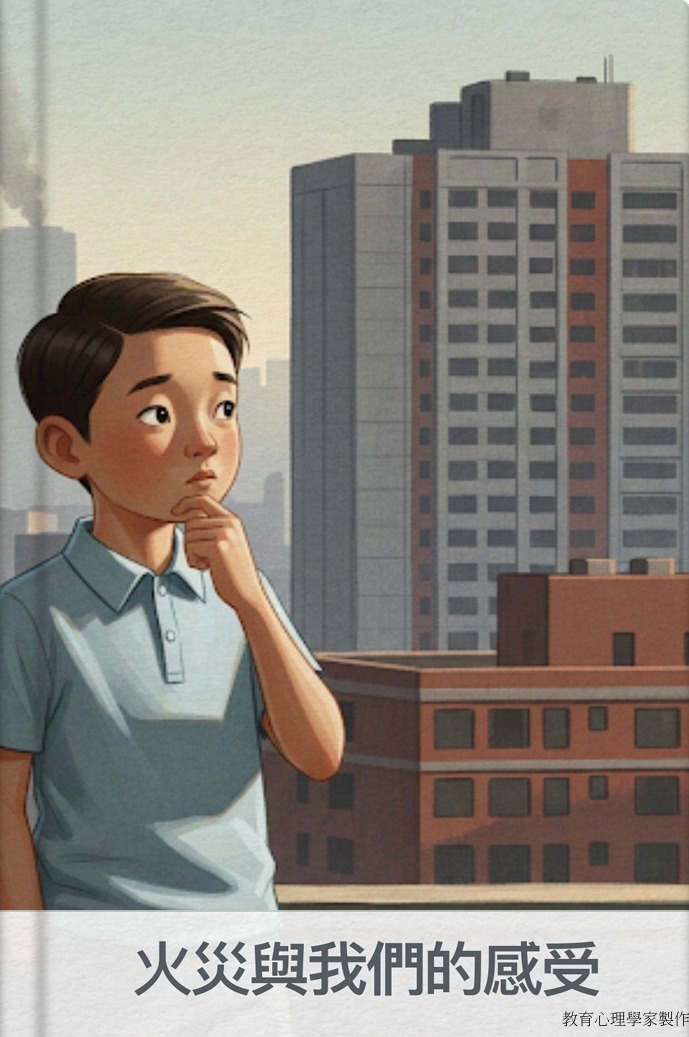 由教育心理學家製作的繪本《火災與我們的感受》，用最溫柔的方式告訴幼兒：有害怕、難過的感覺很正常，而大人就在身邊陪著你。（圖片來源：《火災與我們的感受》）