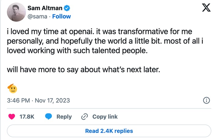 奧爾特曼在社交平台X上發文，間接證實「被辭職」。