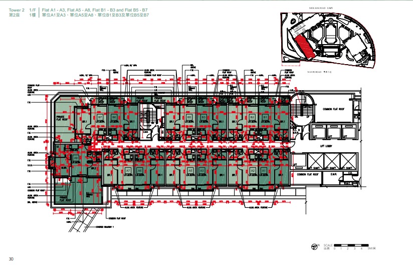 海茵莊園第2座平面圖，一層提供32伙，共享6部升降機。