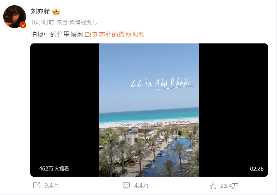 劉亦菲昨日在微博分享一段Vlog。