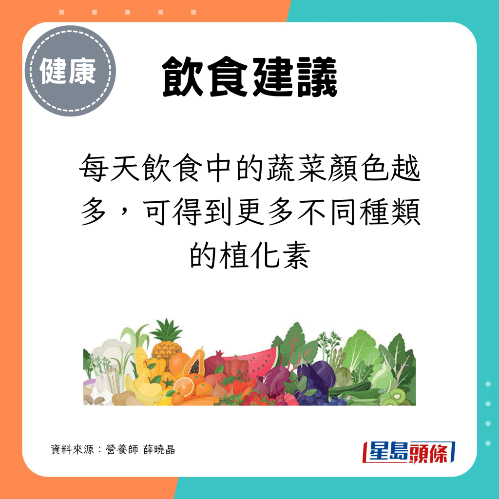 每天饮食中的蔬菜颜色越多，可得到更多不同种类的植化素