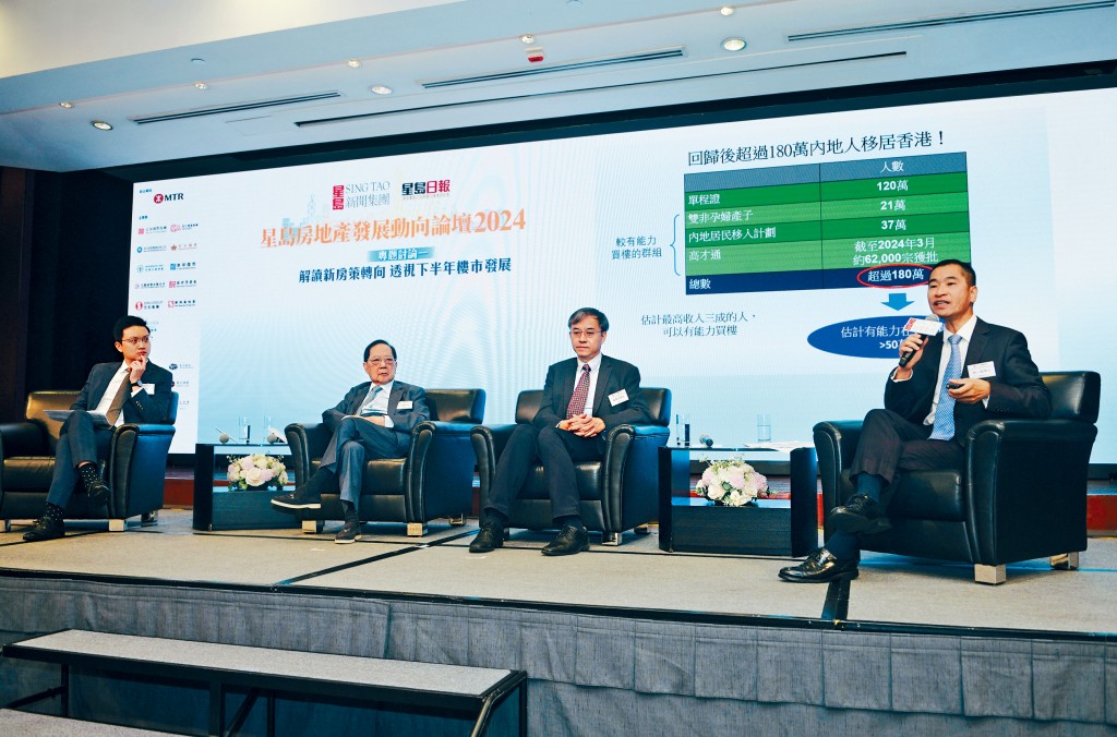 地建會梁志堅(左二)表示,現時樓市的確困難,但並非一潭死水。左一為團結香港基金葉文琪,右二為浸大麥萃才,右一為都大林一鳴。