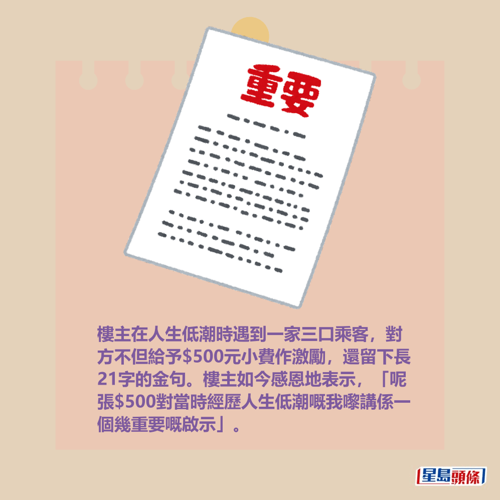 樓主在人生低潮時遇到一家三口乘客,對 方不但給予$500元小費作激勵,還留下長 21字的金句。樓主如今感恩地表示,「呢 張$500對當時經歷人生低潮嘅我嚟講係一 個幾重要嘅啟示」。 樓主在人生低潮時遇到一家三口乘客,對 方不但給予$500元小費作激勵,還留下長 21字的金句。樓主如今感恩地表示,「呢 張$500對當時經歷人生低潮嘅我嚟講係一 個幾重要嘅啟示」。