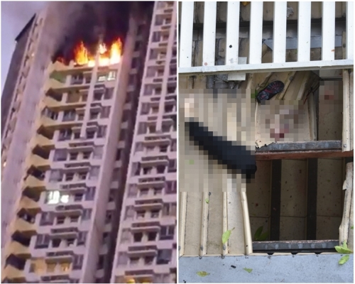 觀龍樓單位起火，男子跌落樓後壓破簷篷，手部斷裂。「西環變幻時」圖片／本報記者攝