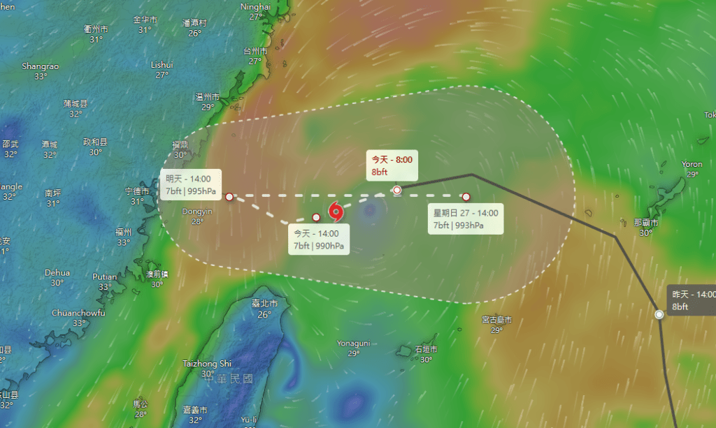 歐洲中期天氣預報中心預測范斯高橫過東海後繼續移至福建與浙江交界近海,但在登陸前「V」型折返重回沖繩島。Windy擷圖 歐洲中期天氣預報中心預測范斯高橫過東海後繼續移至福建與浙江交界近海,但在登陸前「V」型折返重回沖繩島。Windy擷圖
