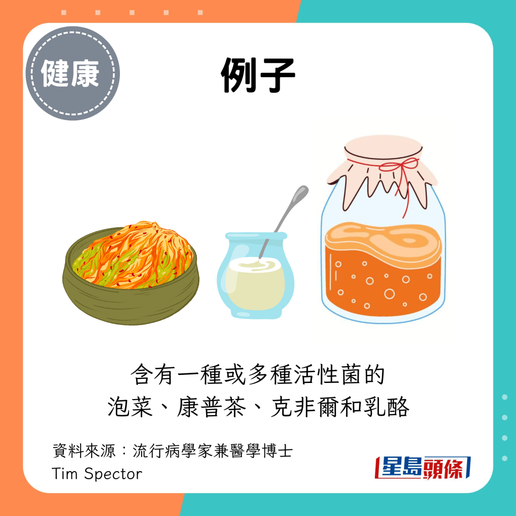 例如含有一种或多种活性菌的 泡菜、康普茶、克非尔和乳酪