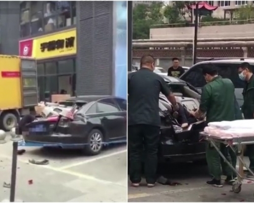 河北一名男子从6楼跳下，压毁私家车的车尾箱，奇迹生环。。（网图）