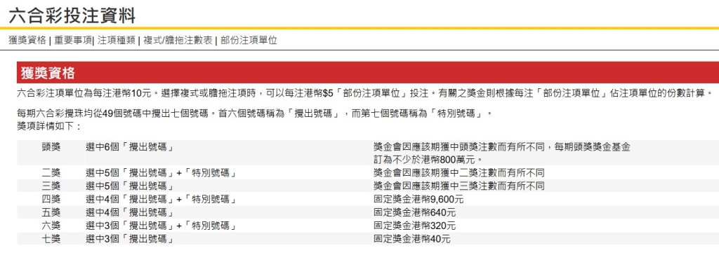 三獎是選中5個「攪出號碼」。馬會網頁截圖