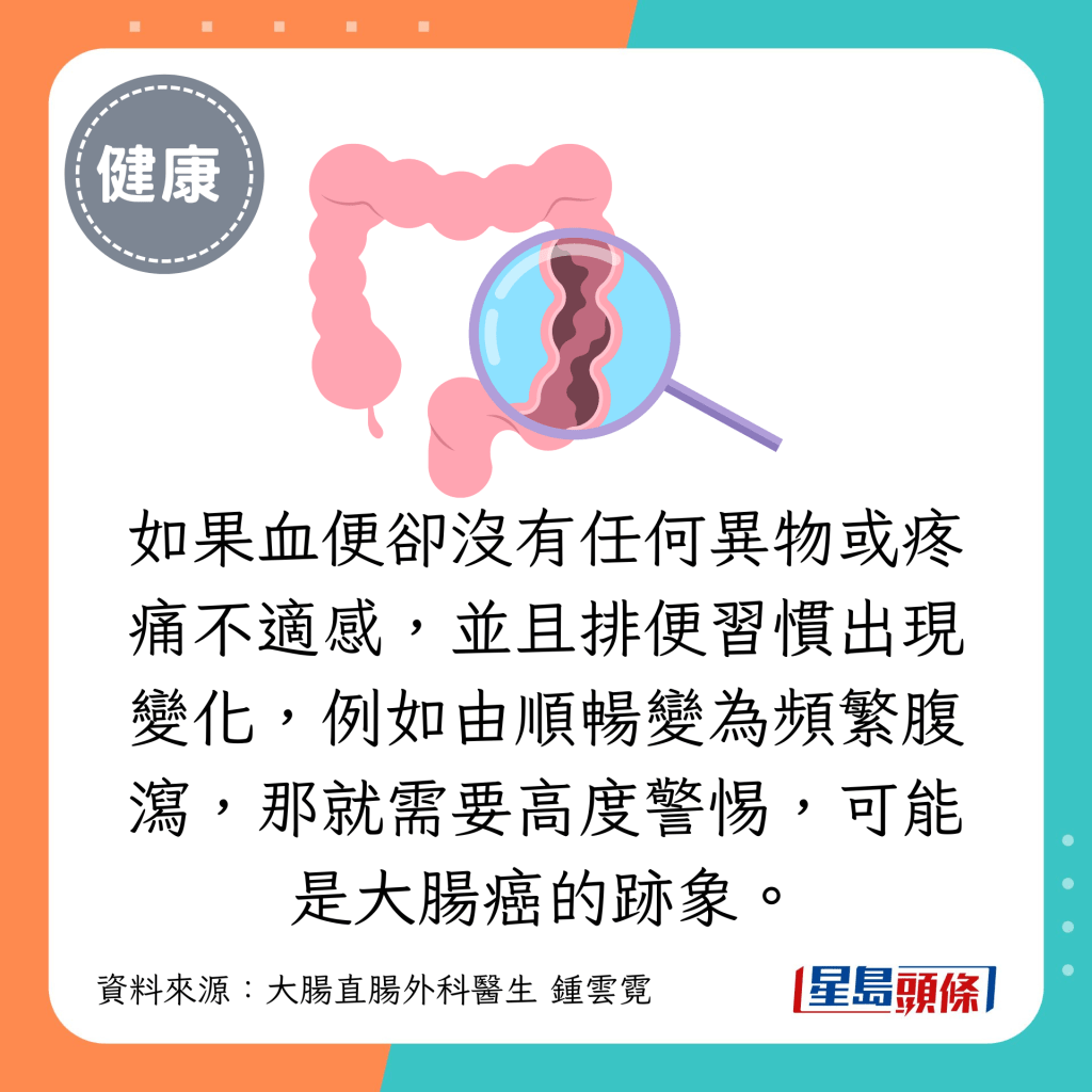 如果血便卻沒有任何異物或疼痛不適感，並且排便習慣出現變化，例如由順暢變為頻繁腹瀉，那就需要高度警惕，可能是大腸癌的跡象。