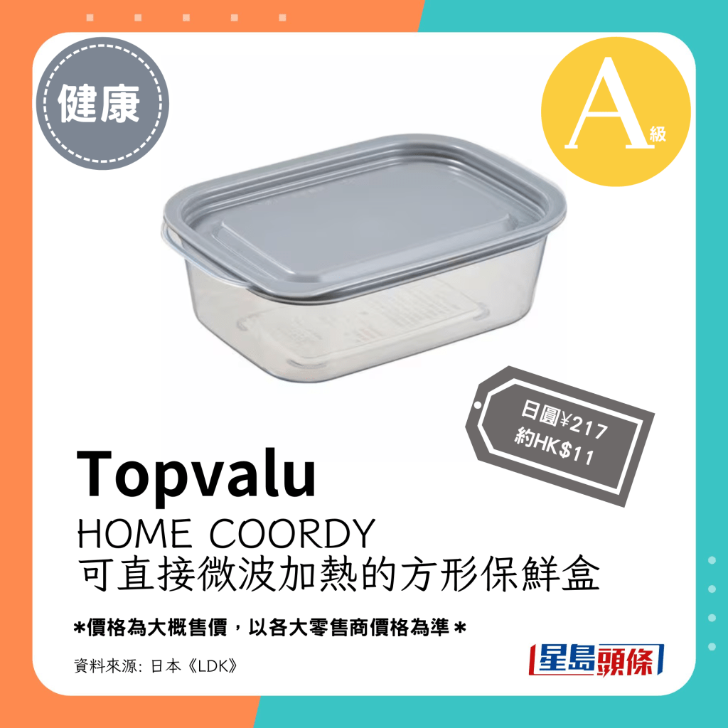 第4位 A级（3.40分）：Topvalu HOME COORDY 可直接微波加热的方形保鲜盒（日圆¥217，约HK$11）