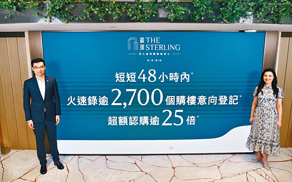華潤置地（海外）孔建（左）表示，叡璟I展銷廳則錄得逾1萬參觀人次。右為岑菲菲。