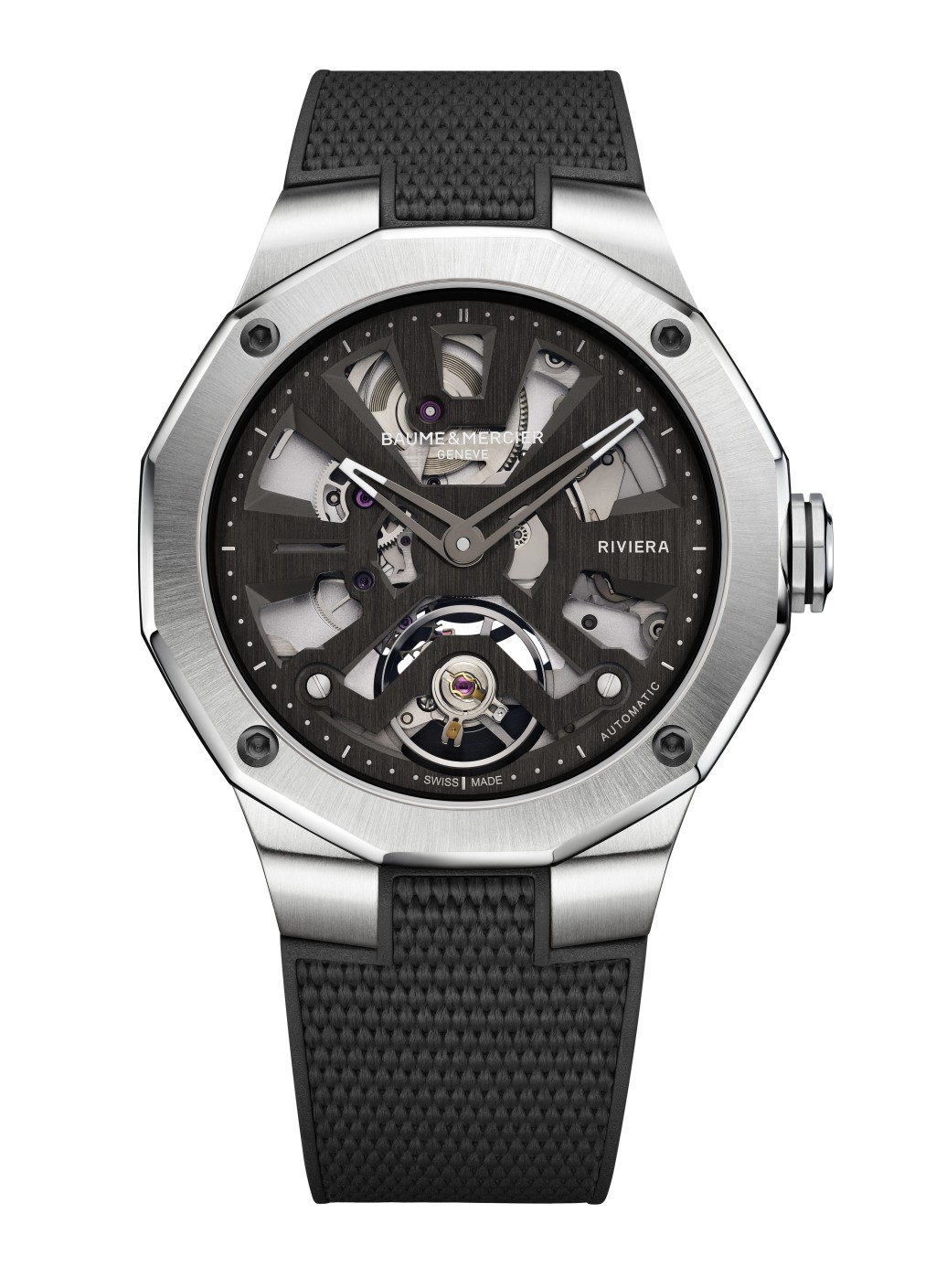 Baume & Mercier Riviera Squelette Automatic M0A10721，錶殼：42mm不鏽鋼/ 機芯：Sellita ATM2500自動/售價：$35,000。