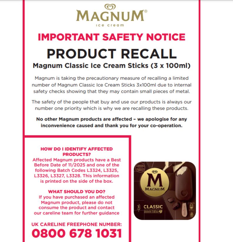 3支装Magnum经典雪糕紧急回收。