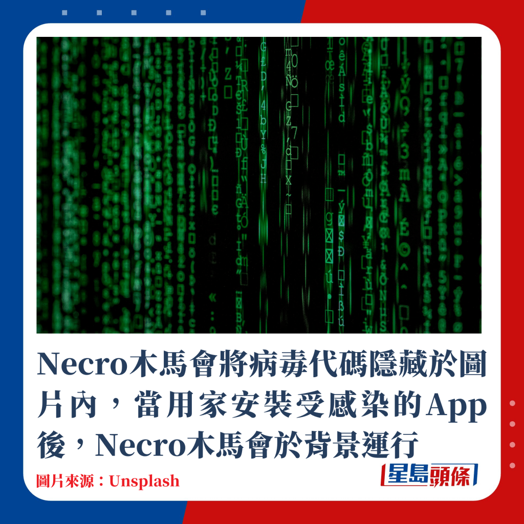 Necro木馬會將病毒代碼隱藏於圖片內，當用家安裝受感染的App後，Necro木馬會於背景運行