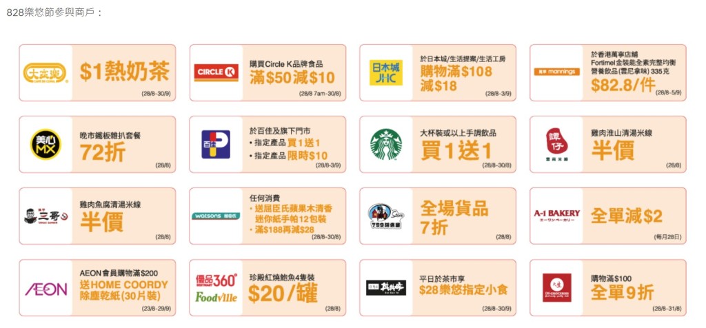 参与的食肆商户包括大家乐、美心MX、星巴克、谭仔、三哥、AI Bakery、争鲜、Pizza Hut等。