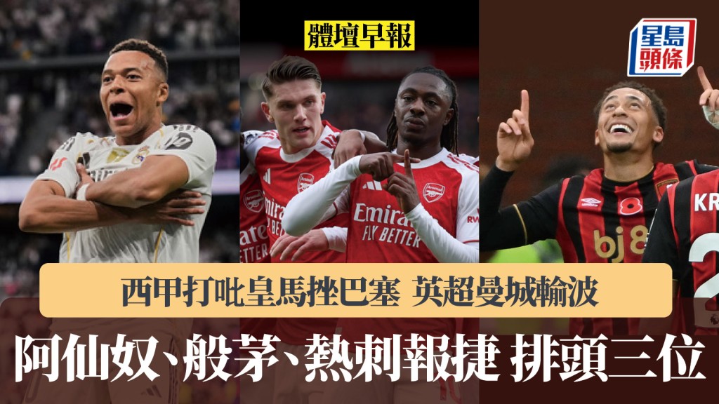 體壇早報|英超阿仙奴、般尼茅夫、熱刺報捷排頭三位 西甲皇馬挫巴塞。美聯社、法新社