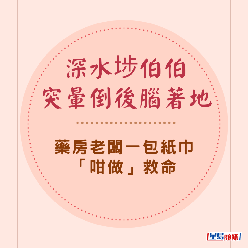 深水埗一名年邁伯伯到藥房購物，踏入門口突暈倒仰後摔，後腦著地，老闆報警等待救護員時，妙用一包紙巾暫時施救，被網民大讚是明智之舉。