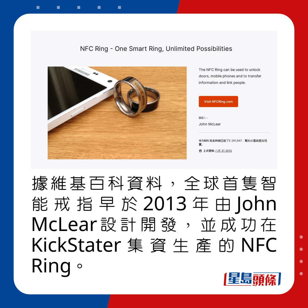 根据维基百科资料，全球首只智能戒指早于2013年由John McLear设计开发，并成功在KickStater集资生产的NFC Ring。