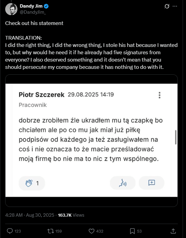 一些以Piotr Szczerek名義發表的聲明開始在網路上流傳。