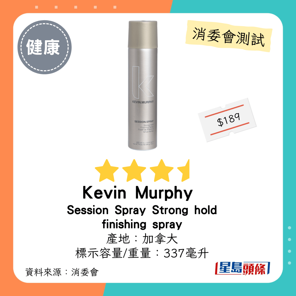 消委会发泥发蜡｜Kevin Murphy Session Spray Strong hold finishing spray VOC含量：55%。