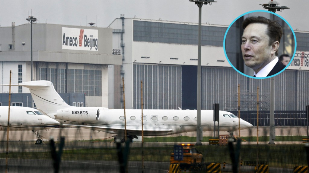 馬斯克訪問中國，其私人飛機抵達北京首都機場。(路透社/美聯社)