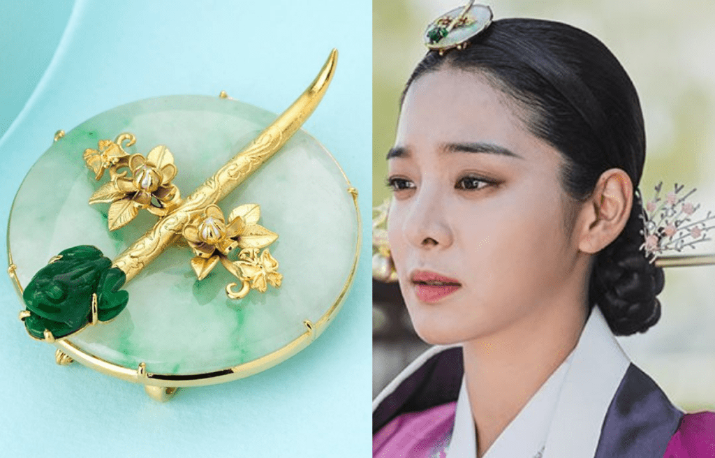 劇中宜嬪佩戴翡翠頭飾可當作胸針/韓圜原價580,000，現售377,000，約港幣$2,638。