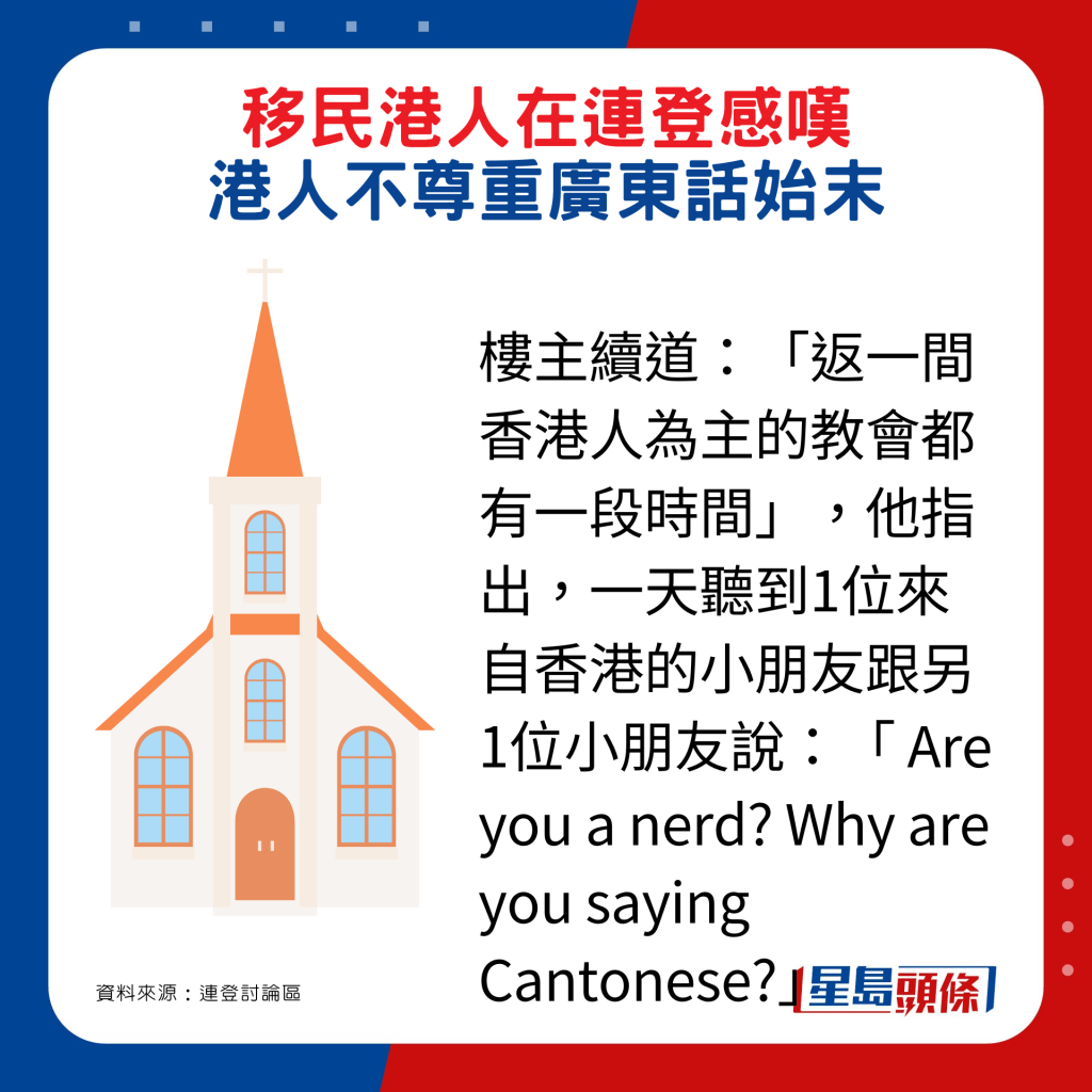 樓主續道：「返一間香港人為主的教會都有一段時間」，他指出，一天聽到1位來自香港的小朋友跟另1位小朋友說：「 Are you a nerd? Why are you saying Cantonese?」