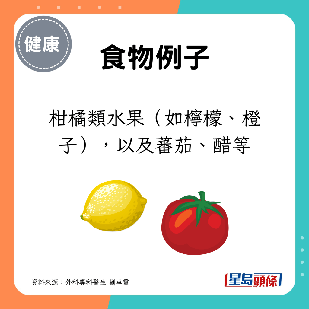 例子：柑橘類水果（如檸檬、橙），以及蕃茄、醋等