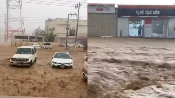 沙特阿拉伯部分地区1小时降雨量达到年平均降雨量的一半，街道都被洪水淹没。X图片